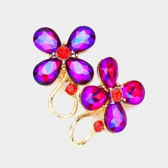 Flower Red Crystal Accented Clip On Evening Earrings NWT - Picture 1 of 6